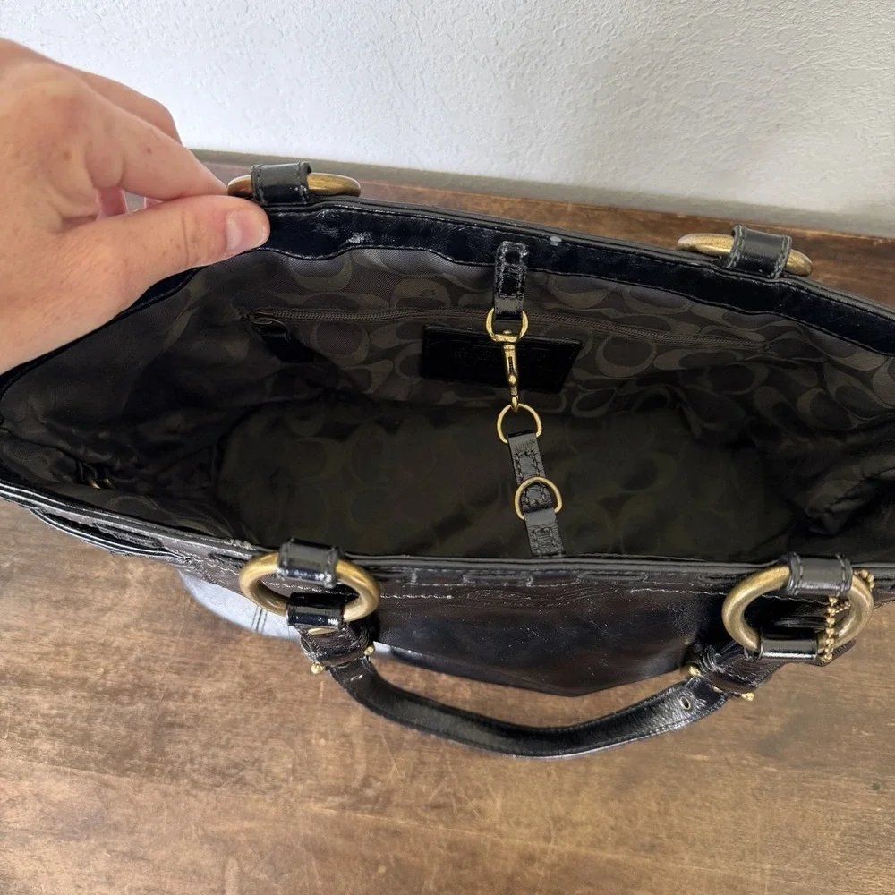 Coach Gallery Laced East West tote bag in black patent Leather Brass Hardware.